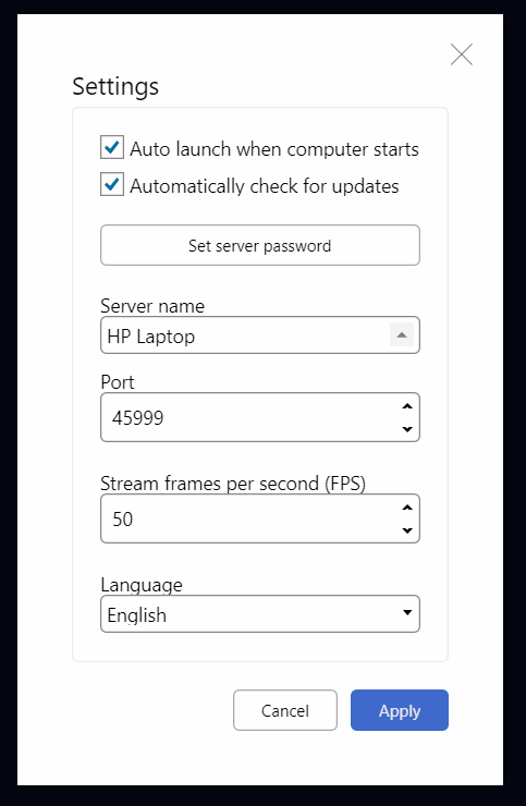 Menu ustawień Holo.Server